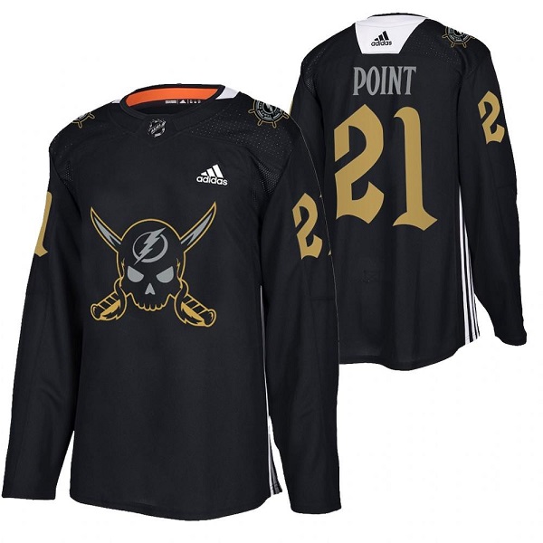 Men's Tampa Bay Lightning #21 Brayden Point Black Gasparilla inspired Pirate-themed Warmup Stitched Jersy